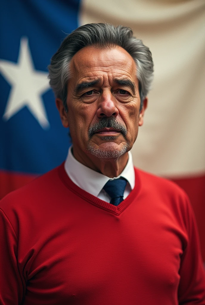 Make an image of a Chilean hero with his clothes in the colors of the flag and him with Pinochet's face (dictator) * front image Must be a hero