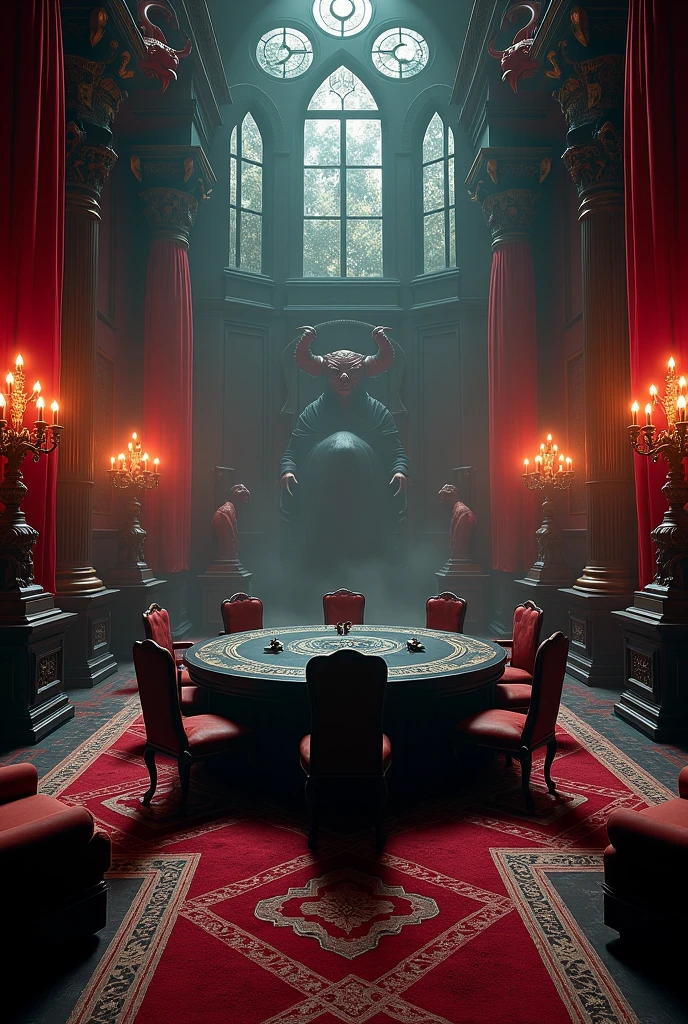 Create a meeting room in hell that is large and very elegant with all kinds of decorations and pictures of demons, that there are windows with cherry curtains, large candlesticks and put a circular black table in the middle with six wooden tables around it without people