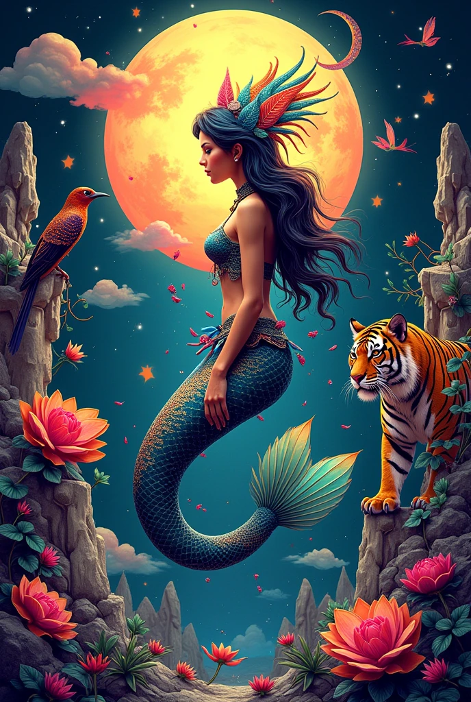 a beautiful mermaid, Vibrant graffiti style 3D graphic design, geometric and spiritual landscape motifs, rough texture inspired by stunning natural scenery, big tree, moon or sun, bird, tiger with metallic graffiti style ornaments, adorned with intricate swirling patterns and uplifting affirmations in a bright color palette interspersed with