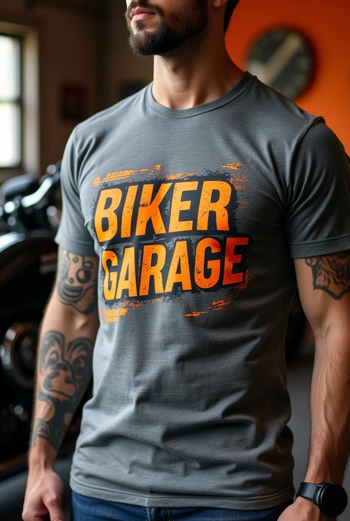 GREY T-shirt with print "BIKER GARAGE "
 striking orange color 