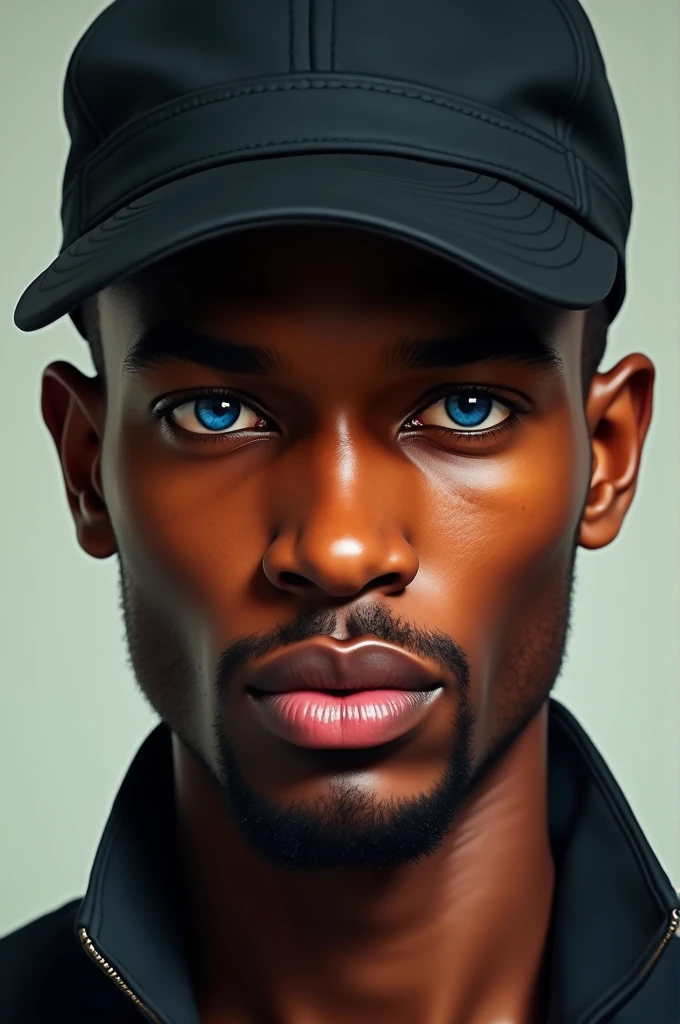 African man with skin color like Ronaldinho, approximately 1, blue colored eyes.
wearing black cap