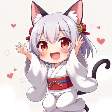 One Woman,Gray Hair,Cat ear,((Chibi Character)) ,Red eyes,,White kimono,Please put your hands up,Jumping,smile,smile,Enter your text in the bottom right corner of the fantasy image,A very popular font,