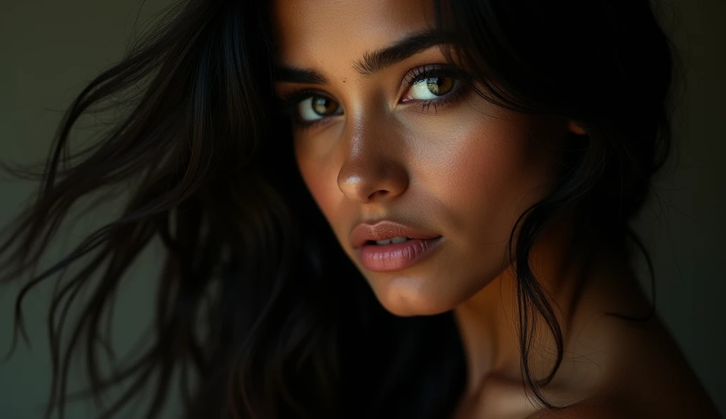 a beautiful mysterious Indian woman, Western fashion, cat eyes, intricate detailed face, piercing eyes, long eyelashes, delicate skin, natural beauty, flowing hair, candid elegant pose, dramatic lighting, cinematic mood, muted color palette, chiaroscuro lighting, high quality, photorealistic, 8k, intricate details, professional rendering