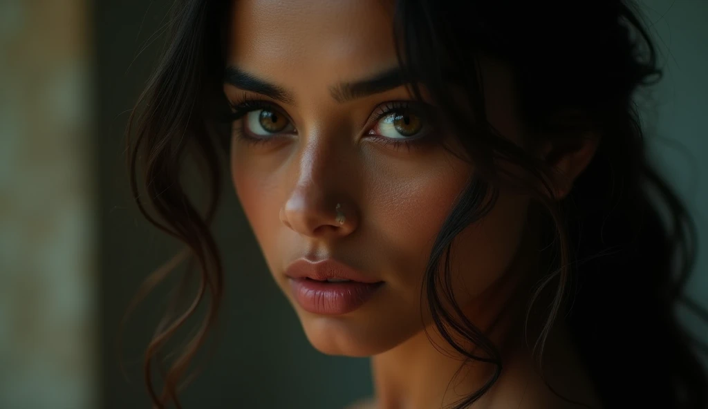 a beautiful mysterious Indian woman, Western fashion, cat eyes, intricate detailed face, piercing eyes, long eyelashes, delicate skin, natural beauty, flowing hair, candid elegant pose, dramatic lighting, cinematic mood, muted color palette, chiaroscuro lighting, high quality, photorealistic, 8k, intricate details, professional rendering