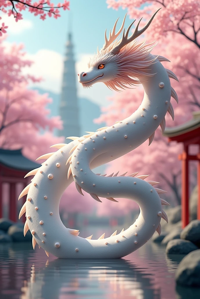 A sleek, slender Japanese dragon with a flowing, serpentine form and pearl-like orbs along its body. It has antler-like horns and a long, flowing mane, moving elegantly through cherry blossom trees. The backdrop includes traditional Japanese architecture, such as a torii gate and a serene koi pond."