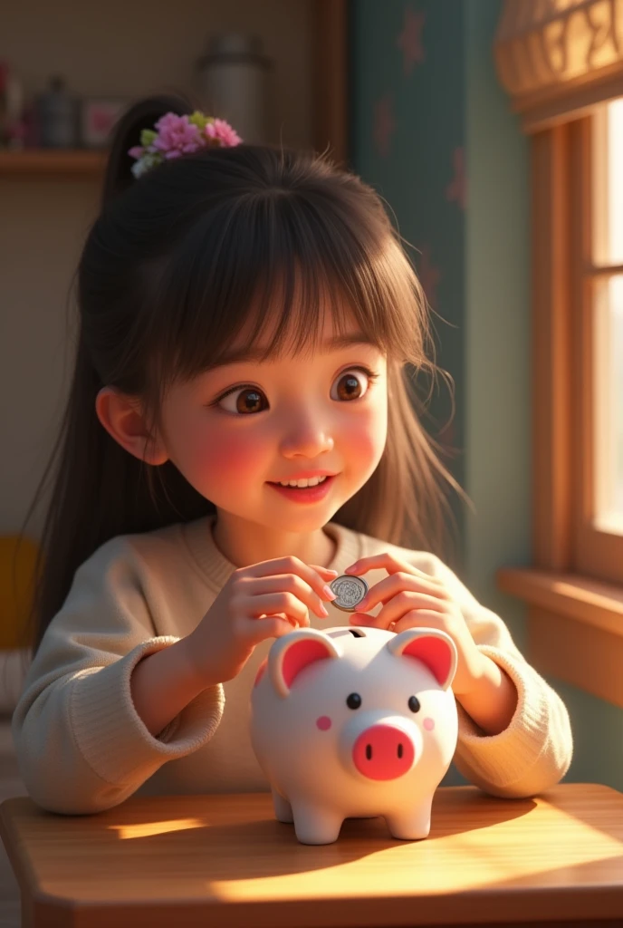 a child putting a coin in her piggy bank 