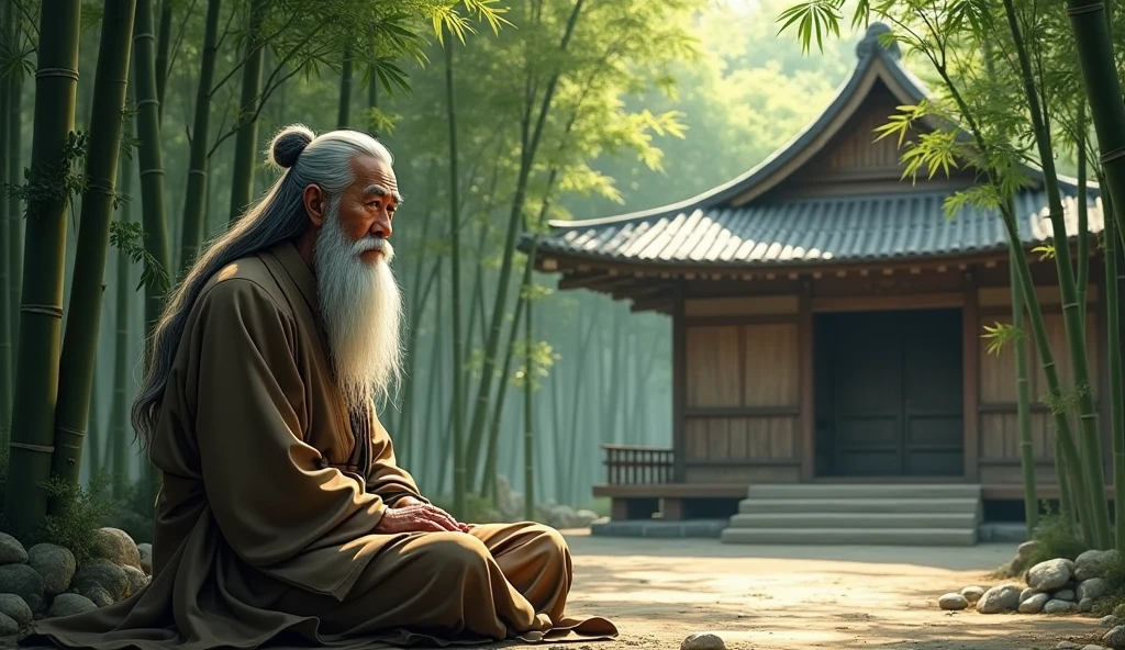 An elderly Zen master, Koji, sits peacefully in front of his temple, which is surrounded by towering bamboo trees. Koji is dressed in simple, traditional robes and has a calm, wise expression on his face. The sunlight filters through the bamboo leaves, casting dappled light on the ground and the temple's wooden structure. The setting exudes a sense of tranquility and deep wisdom." give long hair and beard