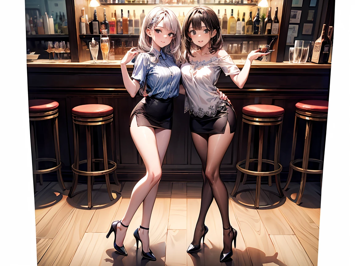 (masterpiece:1.3),(best quality, highest quality),((Full Body Shot,Including face)),girls,4K,masterpiece,((Focus on the face)),((Symmetrical facial features)),Beautiful woman,(slender),((High heels)),Detailed depiction of the face, Cafe ,bar,Casual wear,skirt,Age 25,kawaii, (illustration:1.3)