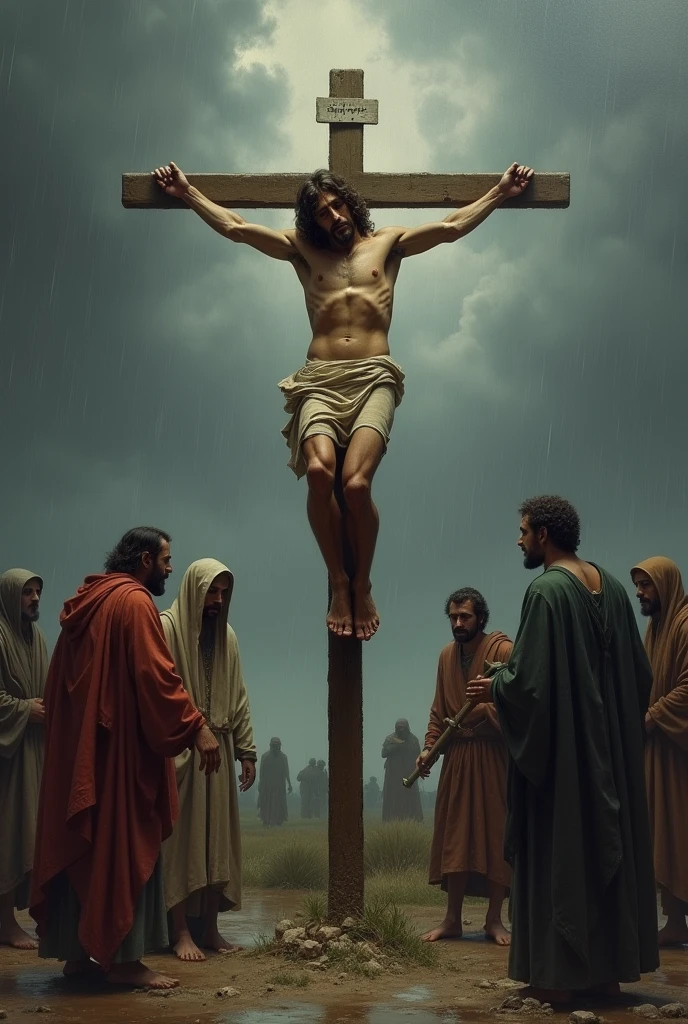 Jesus crucified on the cross on a gray and rainy day.