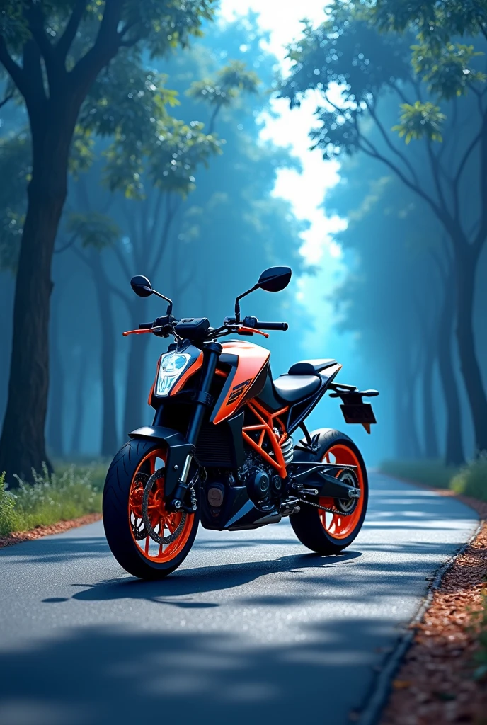 ktm bike and purple stand on a road,in indian road,blue trees,realistick