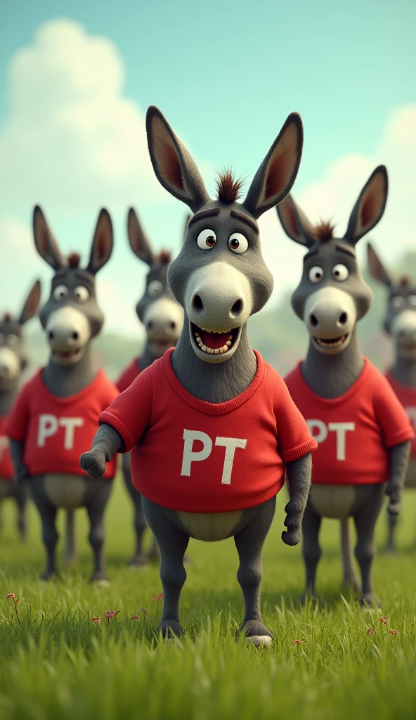 an image showing several donkeys standing in a field. All the donkeys are wearing red shirts with the initials &#39;PT&#39; printed on the chest. Donkeys must be in different postures and positions, but everyone must be clearly visible and their shirts must stand out.. The background can be simple, like a green field or a rural landscape."