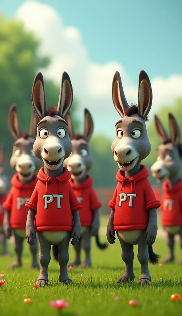 an image showing several donkeys standing in a field. All the donkeys are wearing red shirts with the initials &#39;PT&#39; printed on the chest. Donkeys must be in different postures and positions, but everyone must be clearly visible and their shirts must stand out.. The background can be simple, like a green field or a rural landscape."