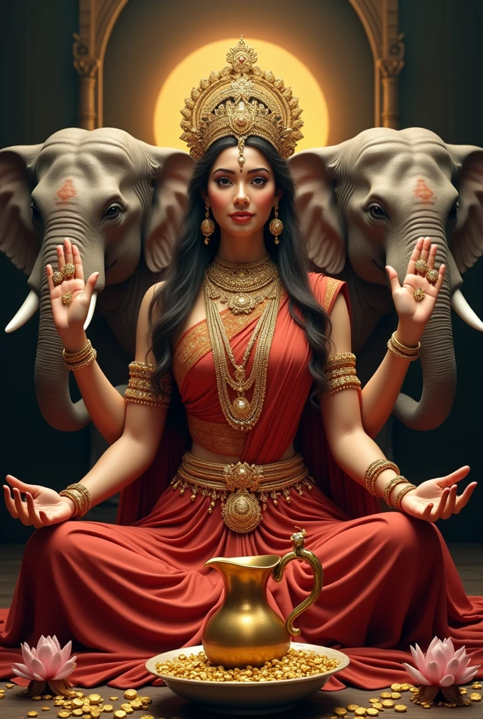 (photorealism:1.2), beautiful and fair woman had four hand two of them holding the lotus and one of them  holding a pitcher full of gold coin  and one of them distributing a lot of gold  wearing red sari and a lot lot lot of jwellery  and having a crown on her had  sitting a dark room but her brightness glow in room two elephant sitting both side 
