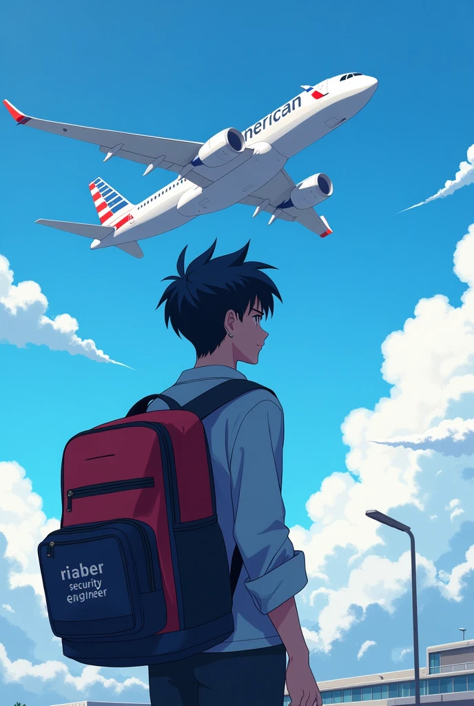 Cyber security engineering student is in airport watching plane flying with his bag
In his full school bag   it's  written Cyber security engineer 
Matched with his dress colour 
Anime character
Good hairstyle 
In plane it's written American airlines 