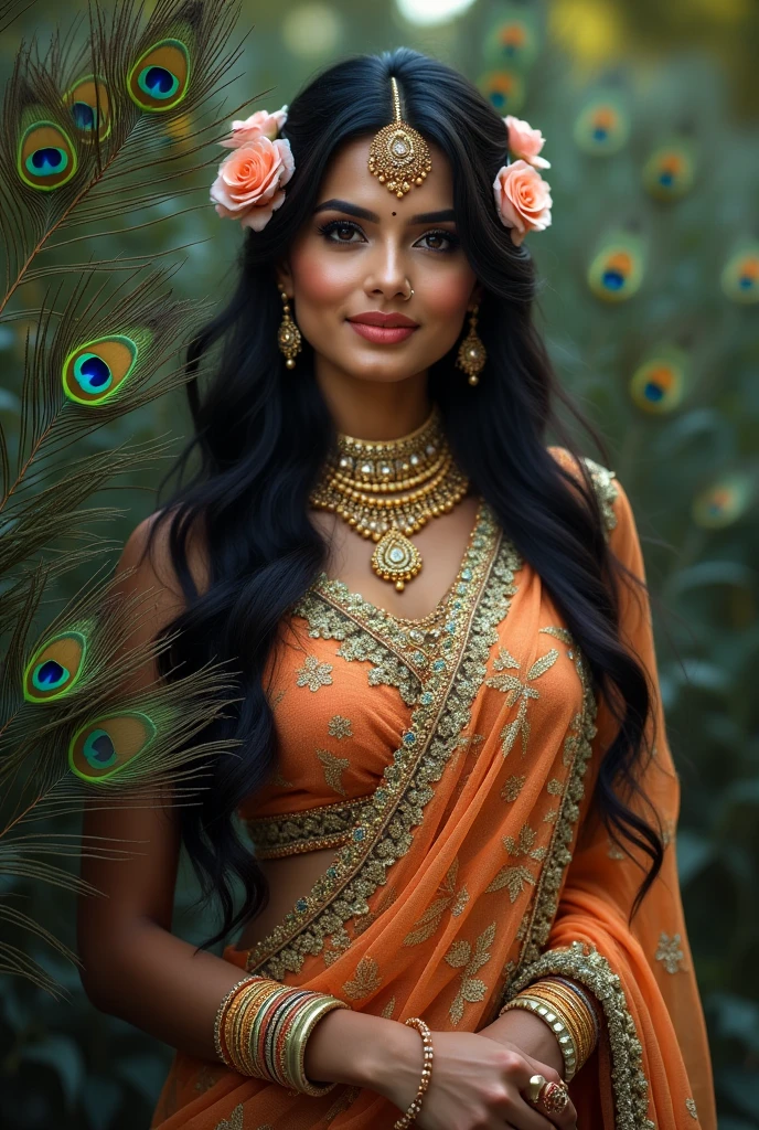 "A beautiful woman with long highly glowing hd face with full makeup , glowing fair face ,dark hair adorned with flowers and jewelry. She is wearing a traditional Indian outfit and has a gentle smile on her face and her body shape is healthy. She is surrounded by peacock feathers and has a serene expression."