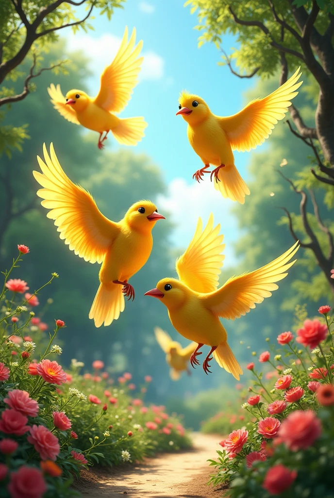 canaries flying in garden