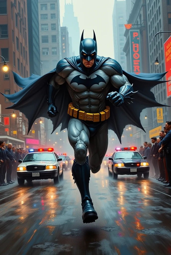 Realistic oil paint 3D Anime Image of Batman Man Running Away from the Police and People Watching the Scene