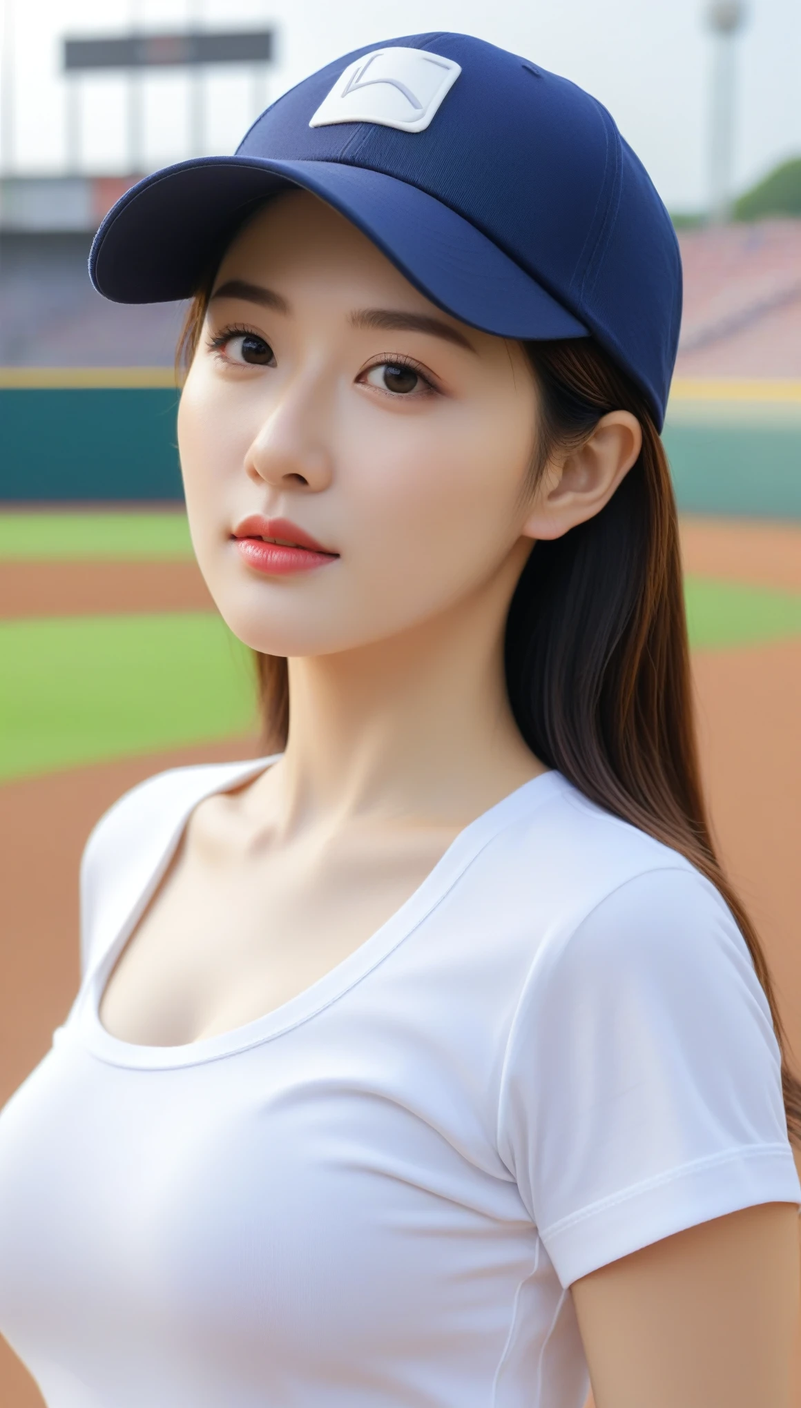 close-up of beautiful beautiful korean female, 34 inch breasts size, wearing t-shirt, baseball cap, standing in front of the baseball stadium, UHD