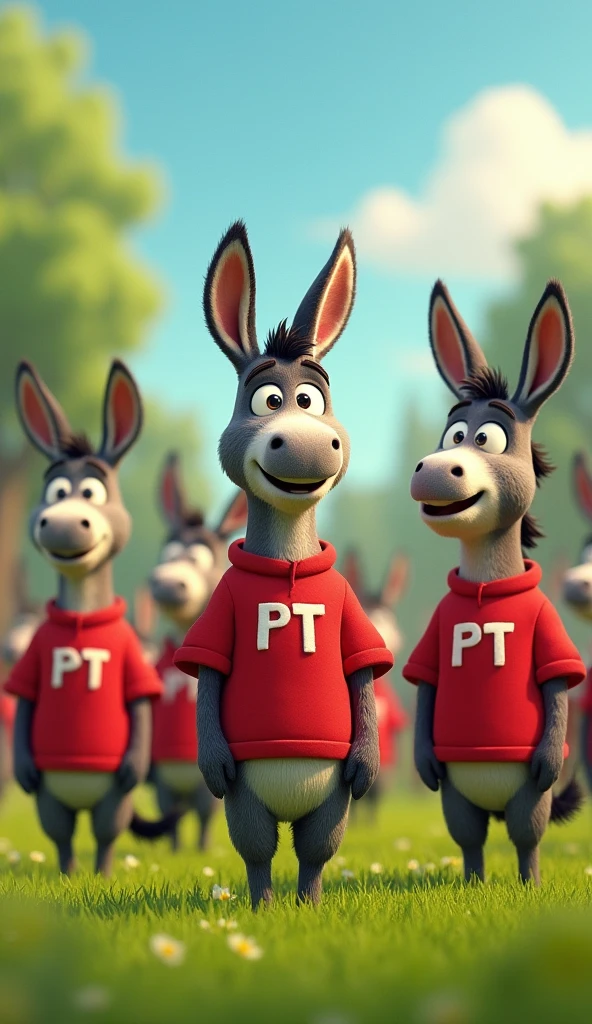 an image showing several donkeys standing in a field. All the donkeys are wearing red shirts with the initials &#39;PT&#39; printed on the chest. Donkeys must be in different postures and positions, but everyone must be clearly visible and their shirts must stand out.. The background can be simple, like a green field or a rural landscape."