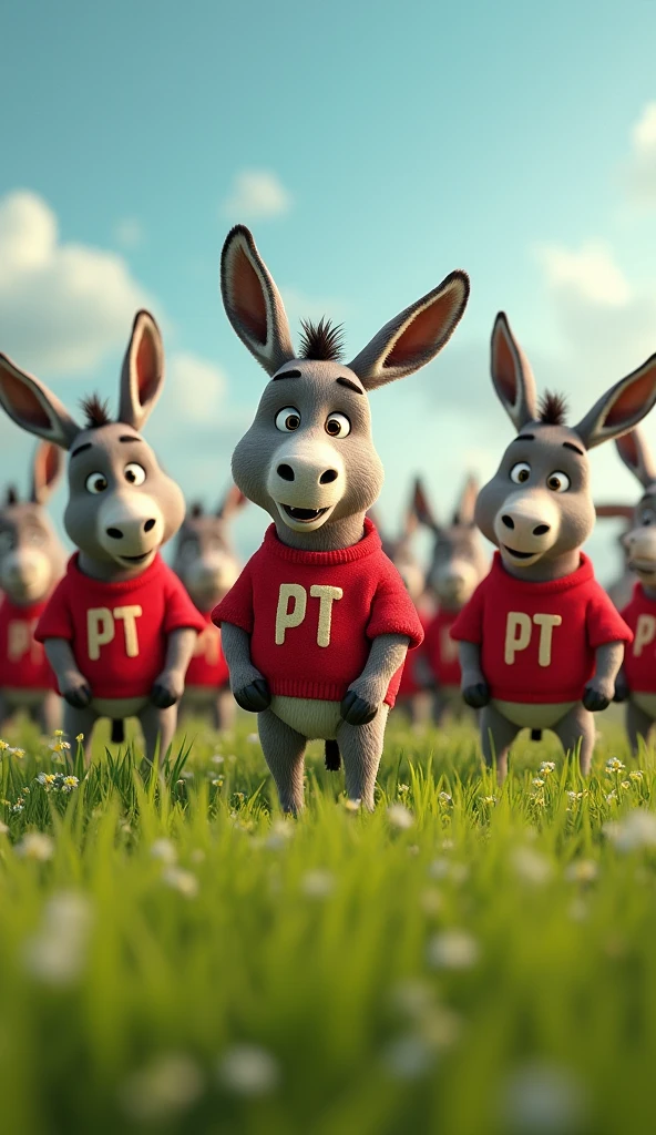 an image showing several donkeys standing in a field. All the donkeys are wearing red shirts with the initials &#39;PT&#39; printed on the chest. Donkeys must be in different postures and positions, but everyone must be clearly visible and their shirts must stand out.. The background can be simple, like a green field or a rural landscape."