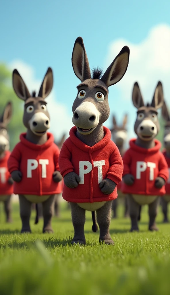 an image showing several donkeys standing in a field. All the donkeys are wearing red shirts with the initials 'PT' printed on the chest. Donkeys must be in different postures and positions, but everyone must be clearly visible and their shirts must stand out.. The background can be simple, like a green field or a rural landscape."