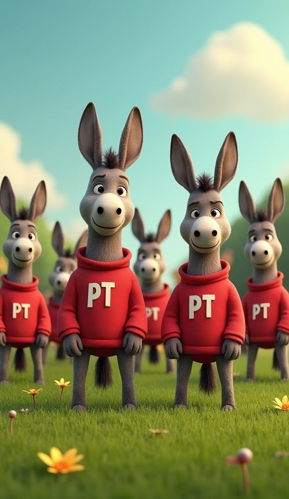 an image showing several donkeys standing in a field. All the donkeys are wearing red shirts with the initials 'PT' printed on the chest. Donkeys must be in different postures and positions, but everyone must be clearly visible and their shirts must stand out.. The background can be simple, like a green field or a rural landscape."