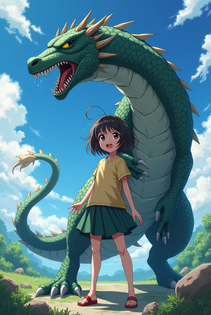 A girl's lower_body is transformed into a dragon(four legs)(Japanese anime style)(scared and crying)