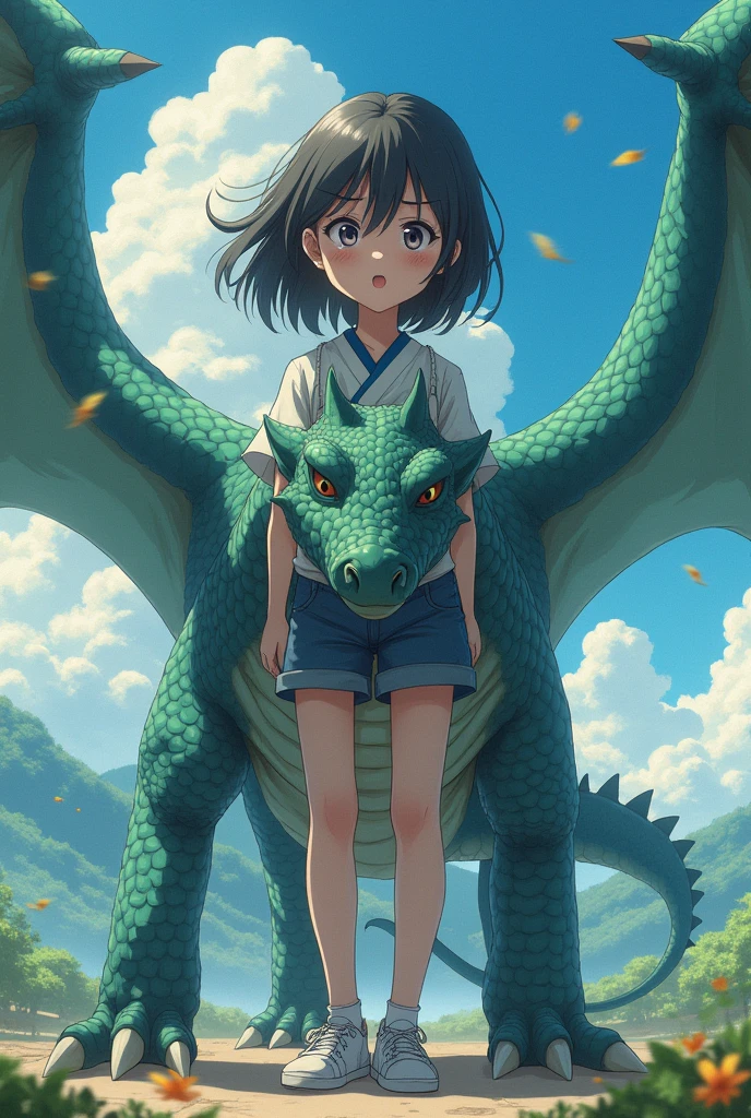 A girl's lower_body is transformed into a dragon(four legs)(Japanese anime style)(scared and crying)