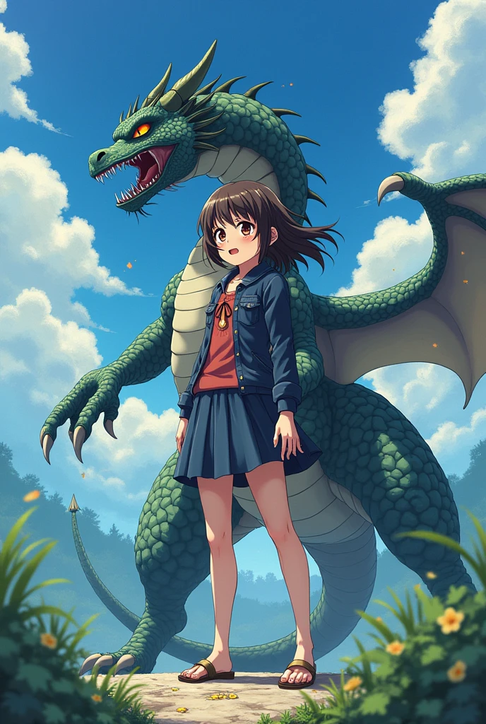 A girl's lower_body is transformed into a dragon(four legs)(Japanese anime style)(scared and crying)