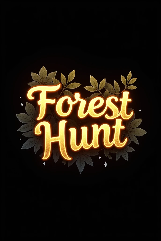 Create logo with the word Forest Hunt in a mystic & fantasy style. Font should be glowing golden cursive and beautiful with enchanted vibes and plants blooming from behind. Background should be plain black