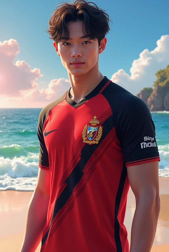 make BTS&#39;s JungKook with the Flamengo shirt on the beach.realisitic