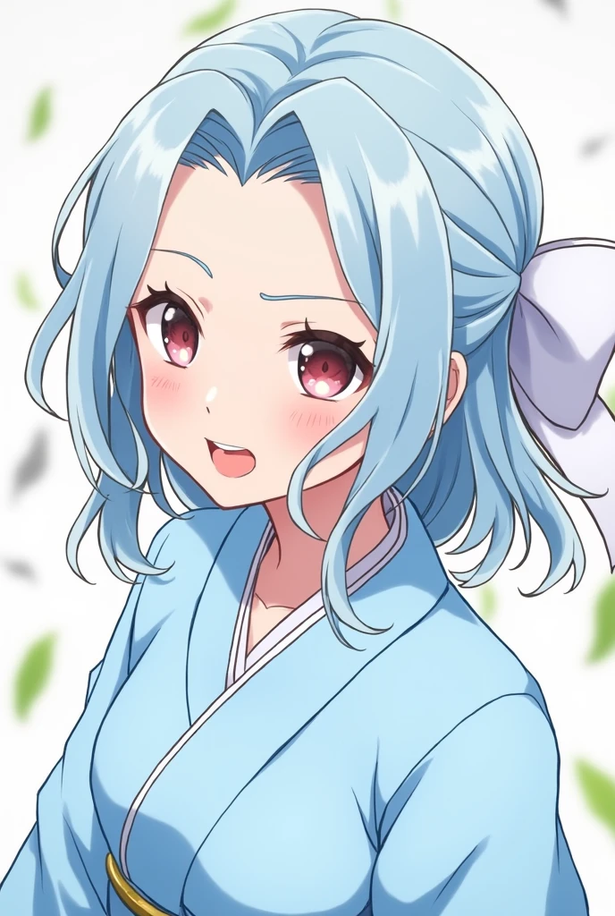 Kimetsu no Yaiba, a girl, light blue hair, light blue hair, light pink eyes, light pink eyes, half-tied loose hair and a white bow on the back of her head, light blue haori, cute smile, red lipstick bland,