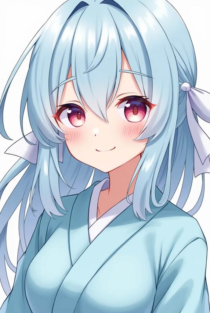 Kimetsu no Yaiba, a girl, light blue hair, light blue hair, light pink eyes, light pink eyes, half-tied loose hair and a white bow on the back of her head, light blue haori, cute smile, red lipstick bland,