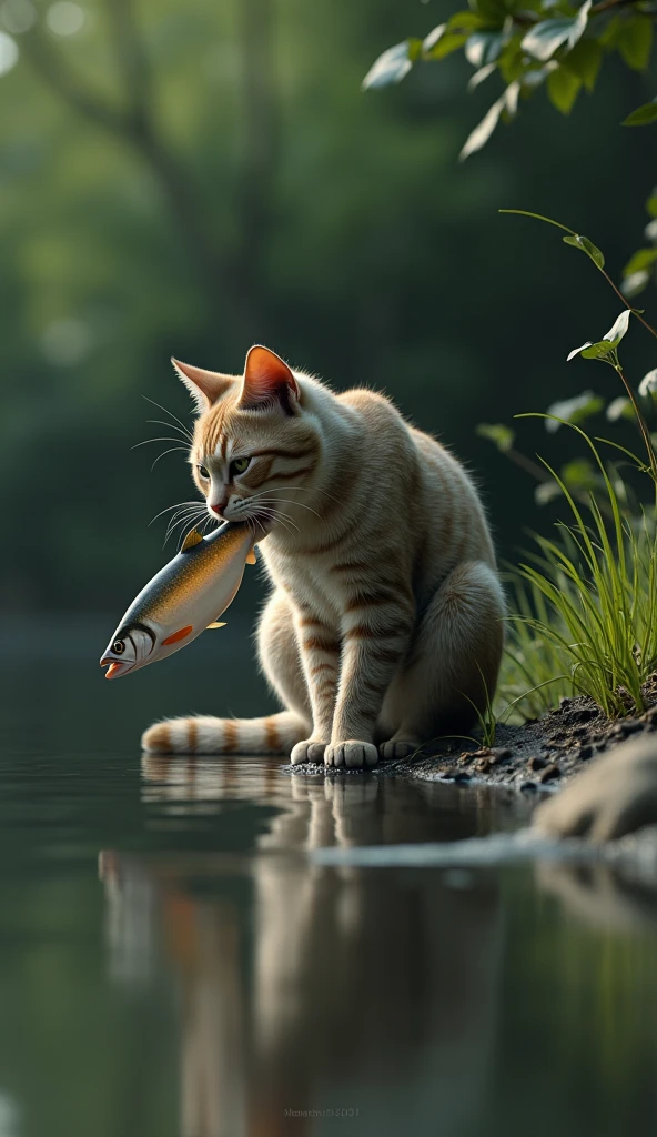 (photorealism:1.2), a lone cat fishing in its mouth