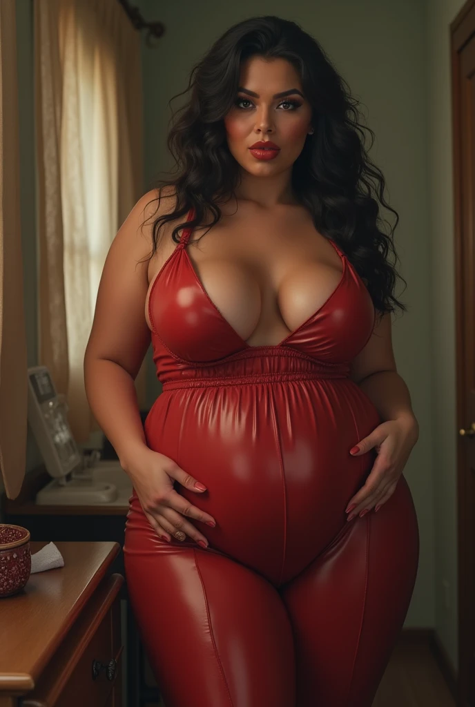 Pregnant Monica Bellucci dressed in Vampirella cosplay with red boots in a bukkake sexual act and showing her breasts wet with milk with her vagina open