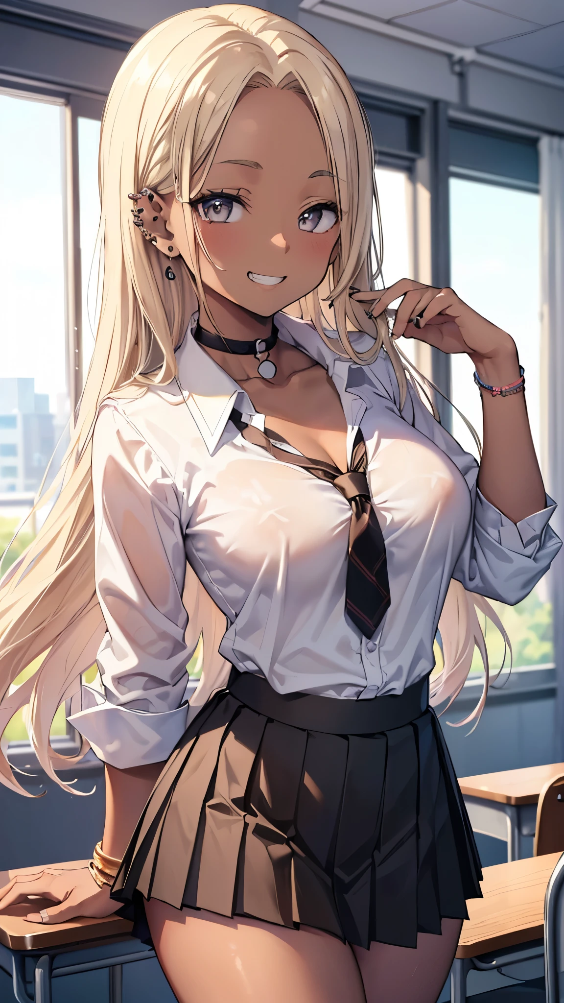 ((masterpiece、Highest quality、Very detailed))、One person、gyaru、((Brown skin:1.3))、Blonde、Long Hair、forehead、Grey Eyes、evil smile、((Grin))、((lots of piercing))、Large Breasts、((White collared shirt))、((clavicle))、((Black pleated skirt))、((micro miniskirt))、Cowboy Shot、Classroom Background