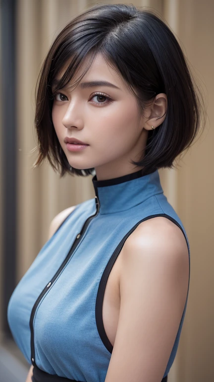 (masterpiece:1.3), (8k, Realistic, RAW Photos, Highest quality: 1.4), (One person), Beautiful Face, (Realistic Face), (Black Hair, short hair:1.3), Beautiful hairstyle, Realistic eyes, Beautiful attention to detail, (Realistic Skin), Beautiful Skin, (a black tight skirt and stockings, with a blue low-cut shirt」), Absurd, Charm, Ultra-high resolution, Ultra-realistic, Very detailed, Golden Ratio