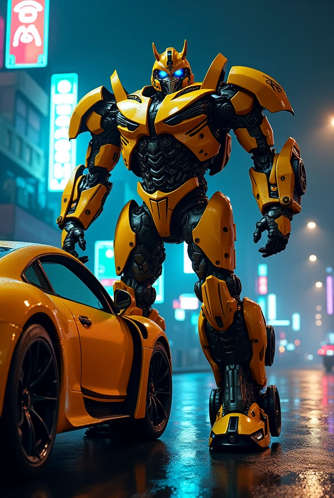 bumblebee transformer siting left side of own car at night with neon lights
Size of bumblebee a little big car full size seen