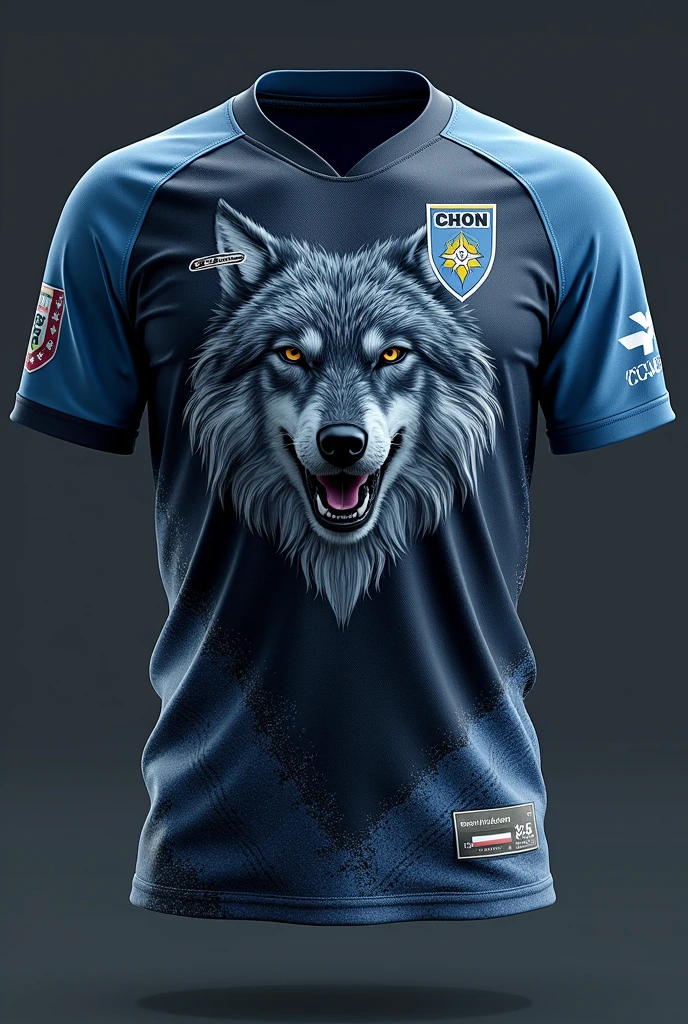 Create a sports shirt that has a first and last name, number, insignia and an image of a wolf on it