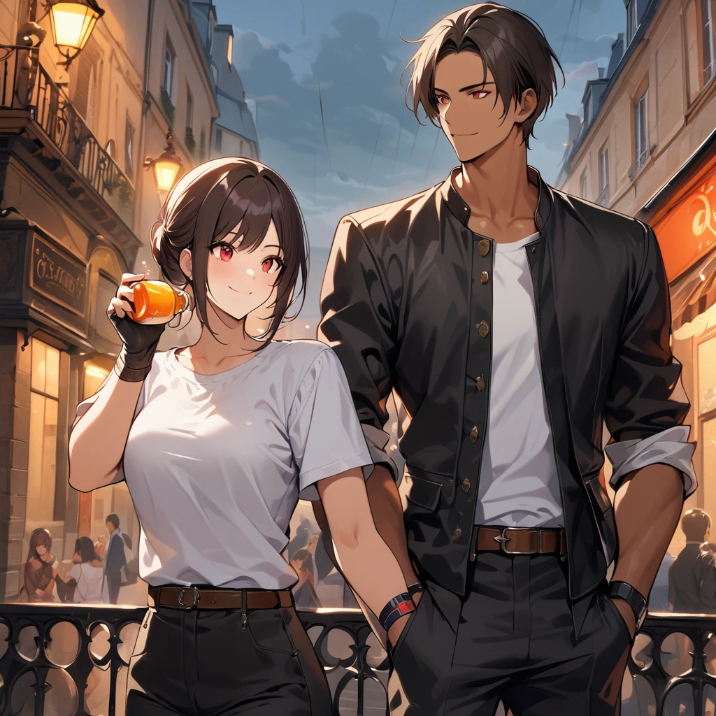 Orochikyo, Two People, Dark Skin, Red Eyes, ((black jacket with rolled up arms)), Fingerless Gloves, Dark Hair, White T-shirt, ((white headband)), Black Pants, White Shoes, Brown Belt, Handsome, Shot, Attractive, Masterpiece, High Resolution, Detailed Face, Fine Grain, Confident Smile Promenade des Anglais, Paris background, man and woman, smiling, man and woman same hair and clothes, peace sign. Rainy sky, with lover, , eating on terrace with lover, drinking juice, man and woman minding the rain,