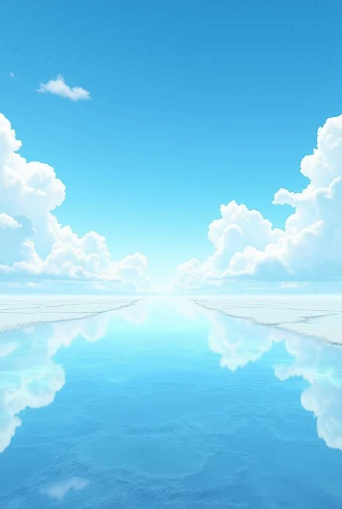 Salt flat full of water, reflects the sky, reflects like a mirror, blue sky, few white clouds, Beautiful landscape, divine.