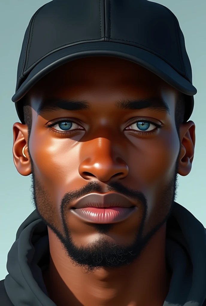 African man with skin color like Ronaldinho, approximately 1, blue colored eyes.
wearing black cap