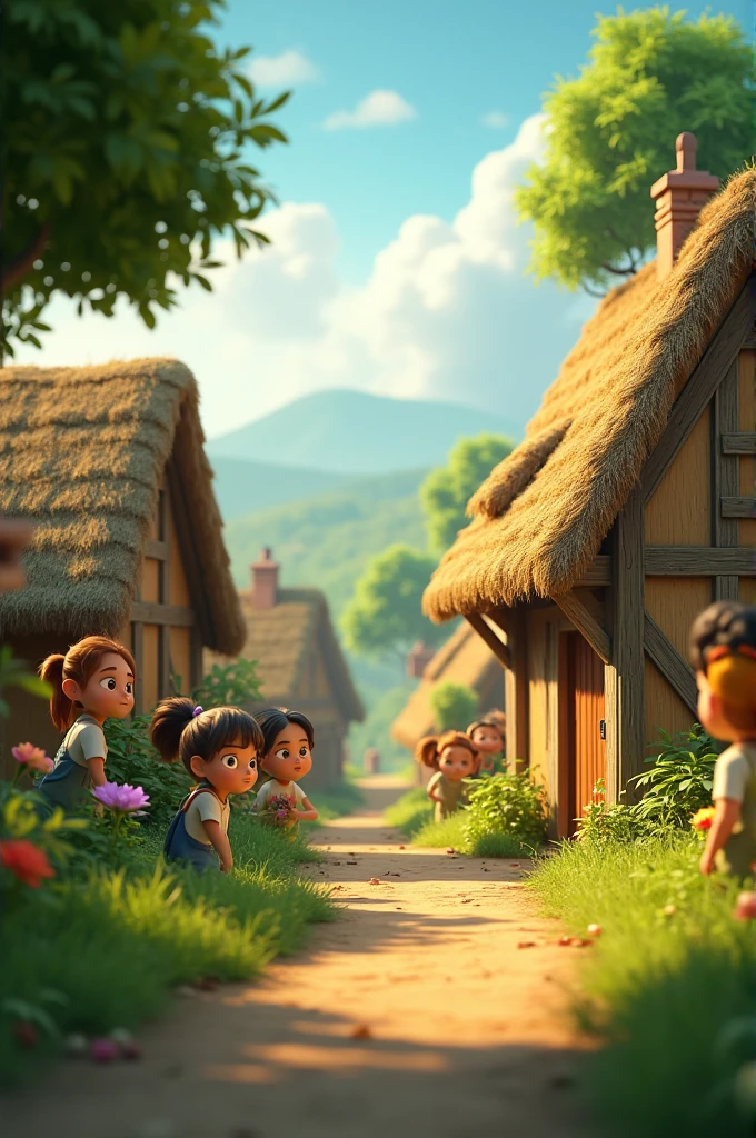 In cinematic 3d cartoon style "Background: A lush, idyllic village scene with traditional thatched cottages and curious villagers peeking from behind trees and homes, witnessing the divine event with astonished expressions."