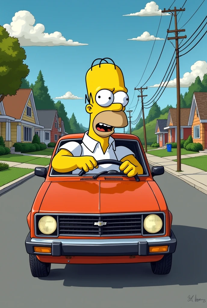 Homer driving a Chevette