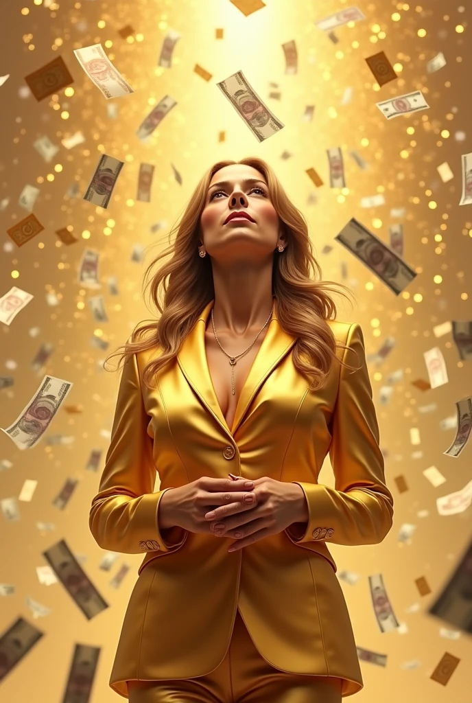 Generate an image of a middle-aged woman , medium height, light brown eyes, size M, long light brown hair, dressed in a gold-gold suit with the jacket closed, and may it rain down on you from heaven many, lots of dollar bills, euros, pounds sterling that fall into their hands, with a golden sky, that the entire body is visible from head to toe .