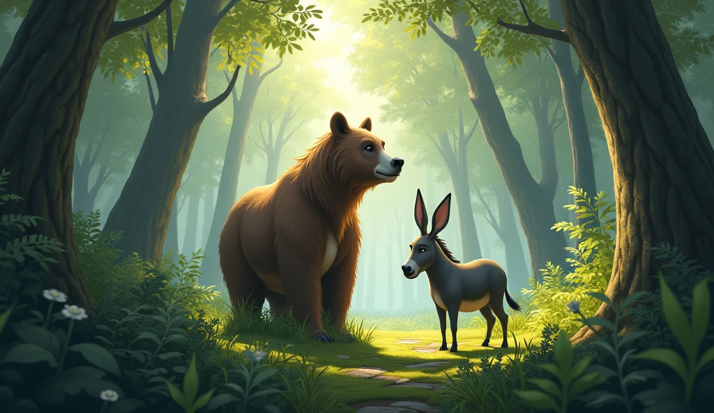 There is a beautiful forest. A bear is standing in the forest and a donkey is standing in front of the range