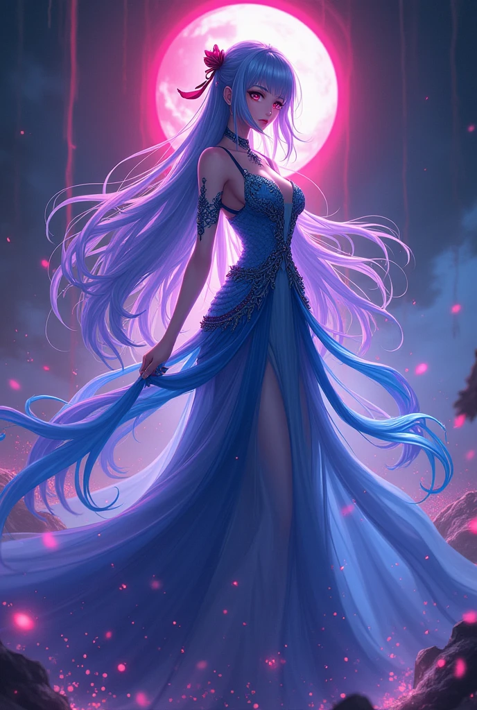 Gaming logo for girl Anime Avater colour is purple, Blue, pink channel name `Miss Mafia Ye' Anime wearing Blue and white colour dress long hair and also add channel name please add long dress add body cover dress