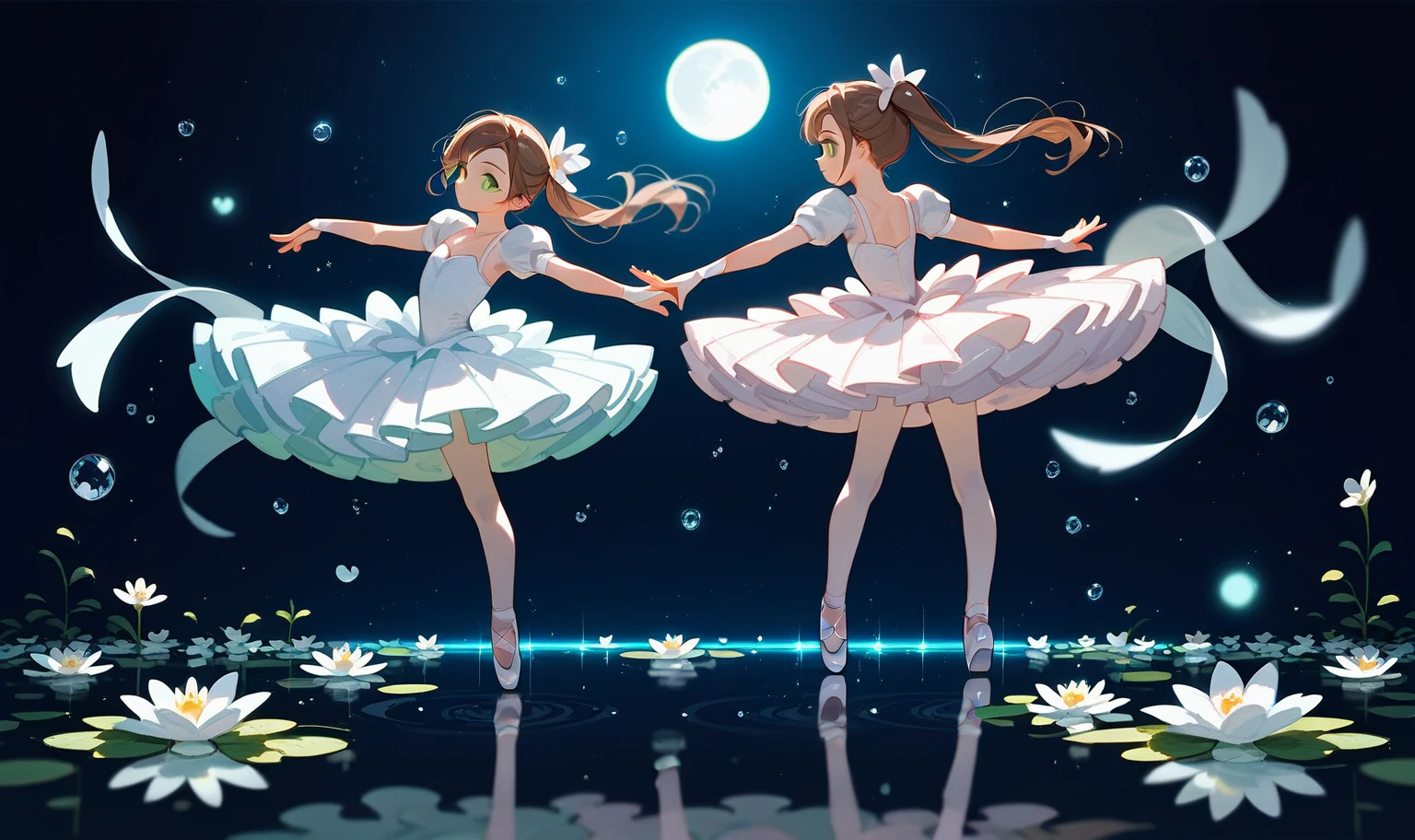 1 young girl,Brown side ponytail,Green eyes,whole body,White Ballet Swan Tutu,Puff sleeves,Water dance,Flowers,Reflection,moon,Beautiful light and shadow,Movie lighting,White dancing shoes