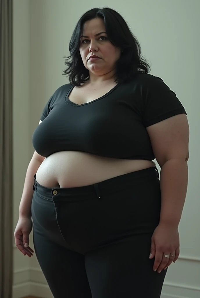 obese pale woman 40 years, black hair, dominant look, pant and top