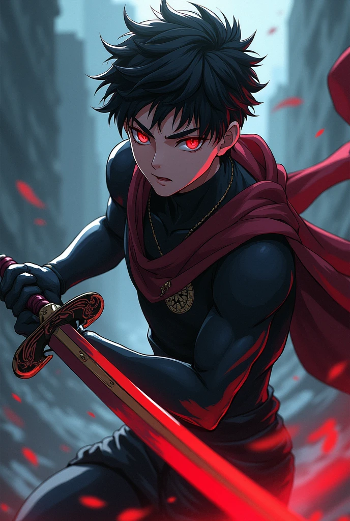 anime man with a sword and red eyes